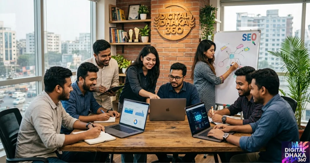 A Digital Dhaka 360 image features SEO professionals collaborating in an office.