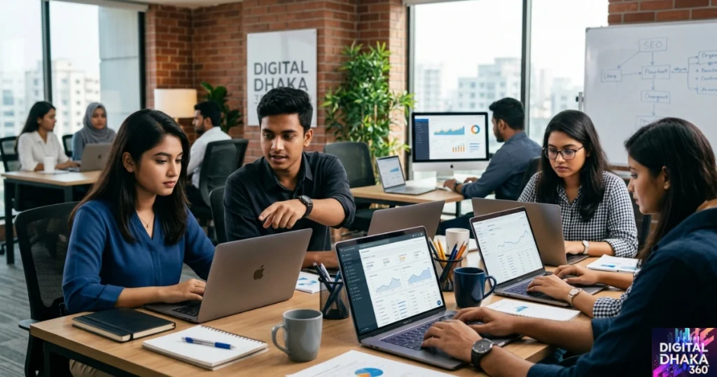 A Digital Dhaka 360 image featuring a group of young male and female professionals working in an office in Dhaka.