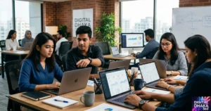 A Digital Dhaka 360 image featuring a group of young male and female professionals working in an office in Dhaka.