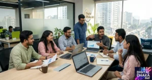 A Digital Dhaka 360 image, featuring an SEO expert team in an office collaborating around a conference table with laptops and SEO data charts.