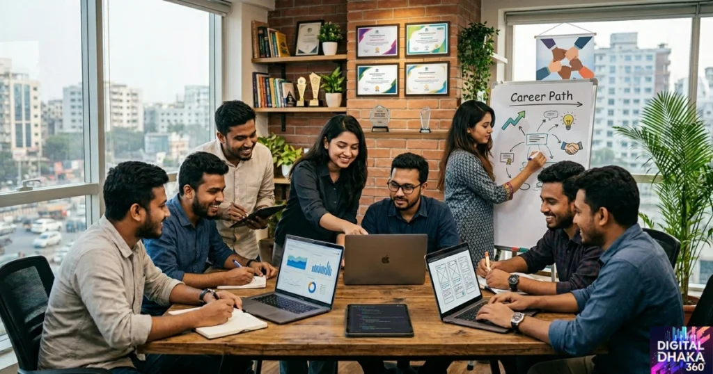 A Digital Dhaka 360 image features professionals collaborating in an office.