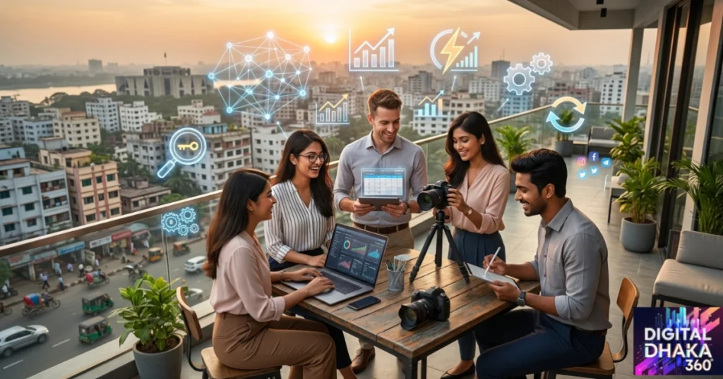 A Digital Dhaka 360 image, featuring professionals working in content optimization in the office.