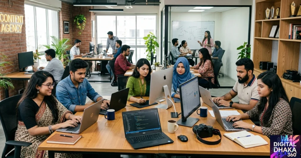 A Digital Dhaka 360 image featuring a group of young professionals working in the office.