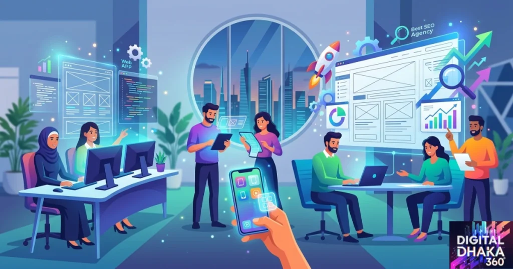 A Digital Dhaka 360 image, featuring an isometric digital illustration showing a vibrant tech environment.