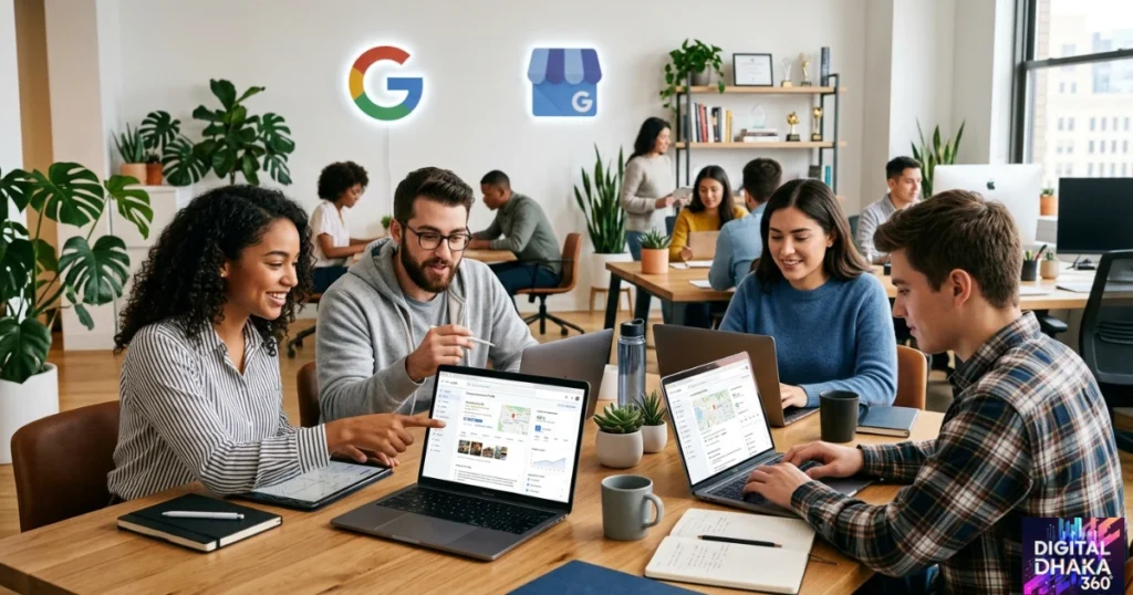 A Digital Dhaka 360 image, featuring a group of young professionals working in an office.