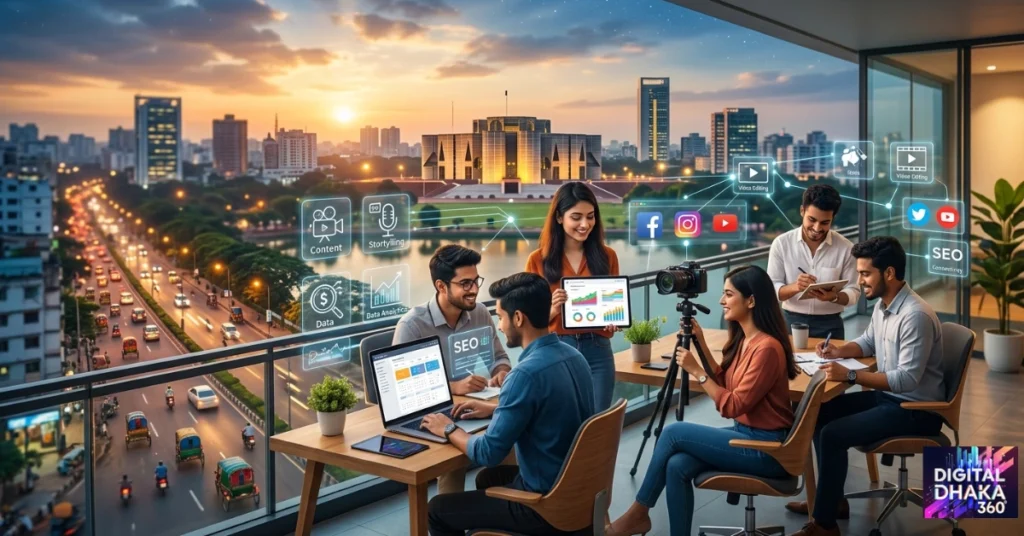 A Digital Dhaka 360 image, featuring young professionals working in the office.