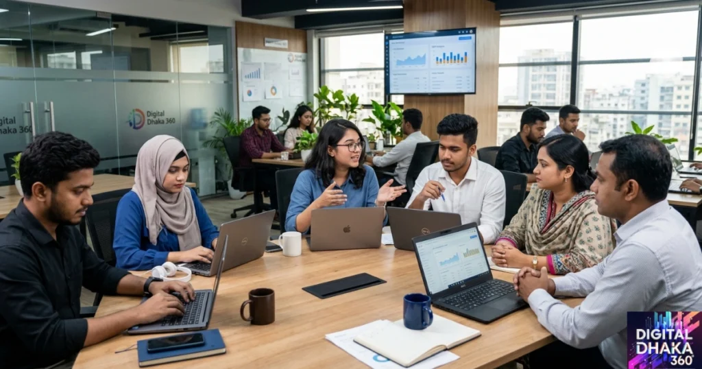 A Digital Dhaka 360 image, featuring young Bangladeshi professionals, men and women working on SEO in laptops in the office.