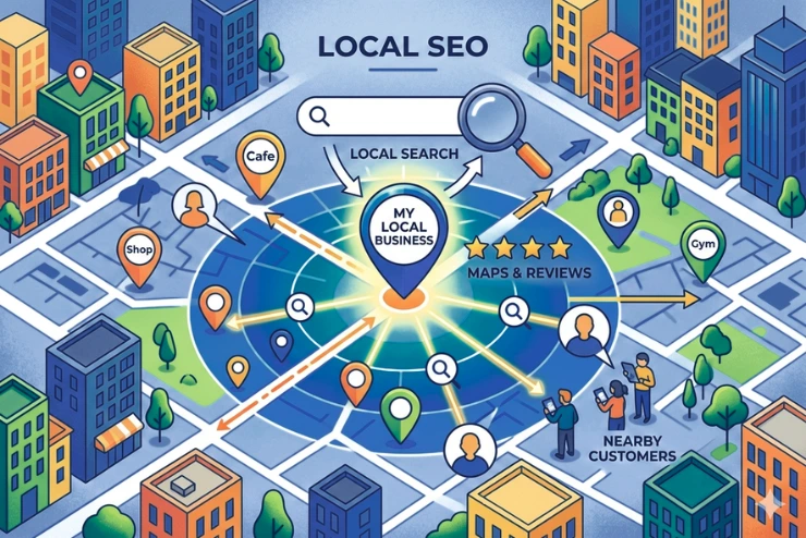 A Digital Dhaka 360 image featuring a local SEO service.