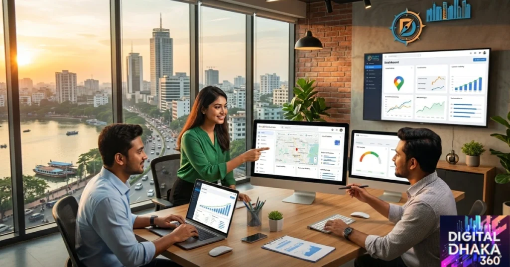 A Digital Dhaka 360 image featuring young professionals working in local SEO at an office.