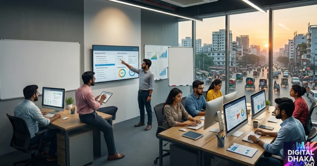 A Digital Dhaka 360 image featuring professionals working in the office with screens and whiteboards.