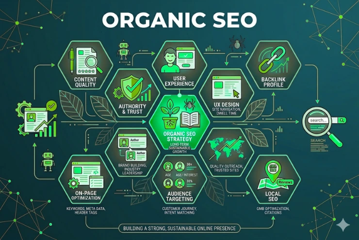 A Digital Dhaka 360 image featuring the organic SEO service.