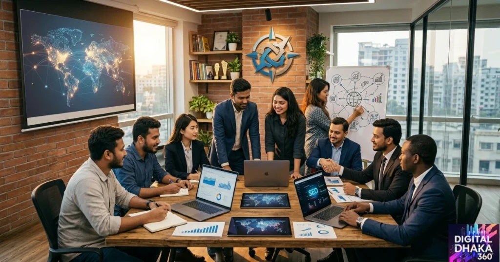 A Digital Dhaka 360 image featuring a group of business partners is shaking hands.