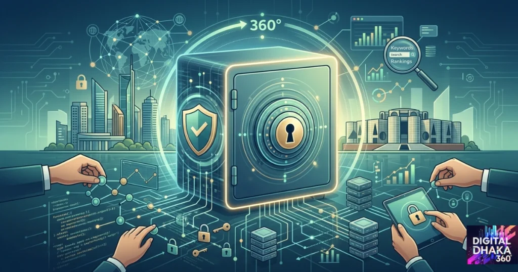 A Digital Dhaka 360 image, featuring a digital illustration with a central safe and a check-marked shield.