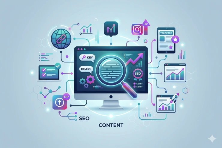 A Digital Dhaka 360 image featuring an SEO content service.