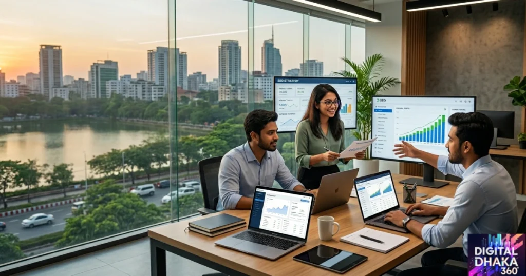 A Digital Dhaka 360 image, featuring data analytics dashboards and SEO strategy charts on multiple screens.