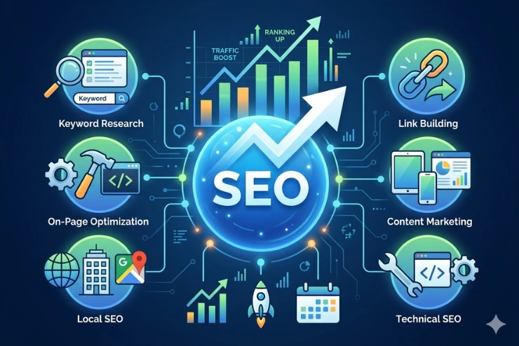 A Digital Dhaka 360 image featuring full-service SEO.
