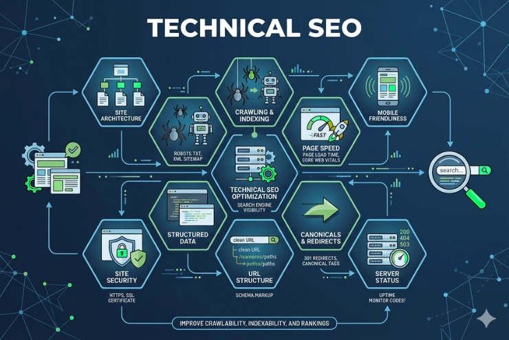 A Digital Dhaka 360 image featuring the technical SEO service.