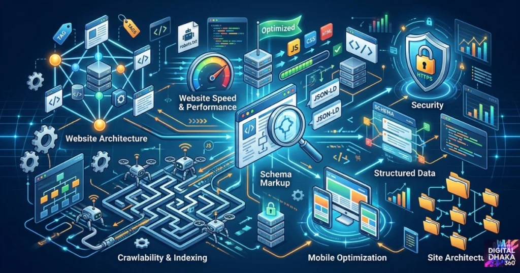 A Digital Dhaka 360 image, featuring an infographic in shades of blue and orange representing Technical SEO.