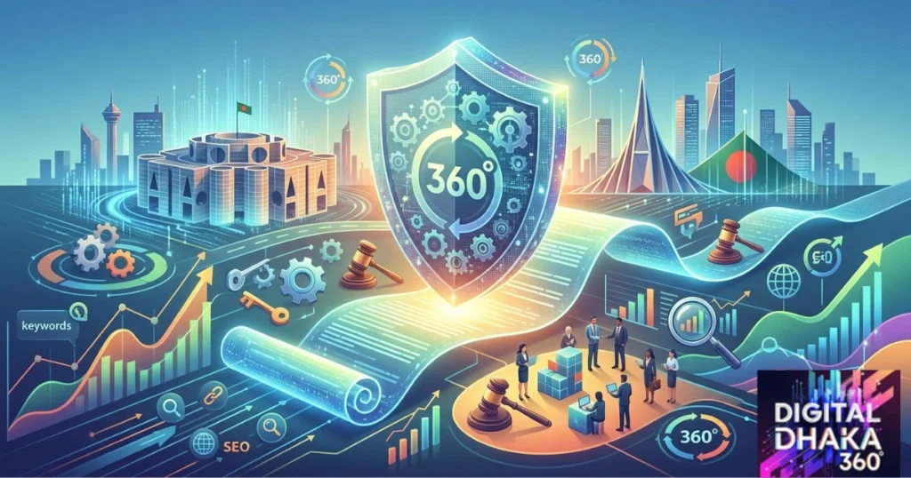 A Digital Dhaka 360 image, featuring a large shield with gears. data streams, graphs, a small legal gavel, and people working with laptops.