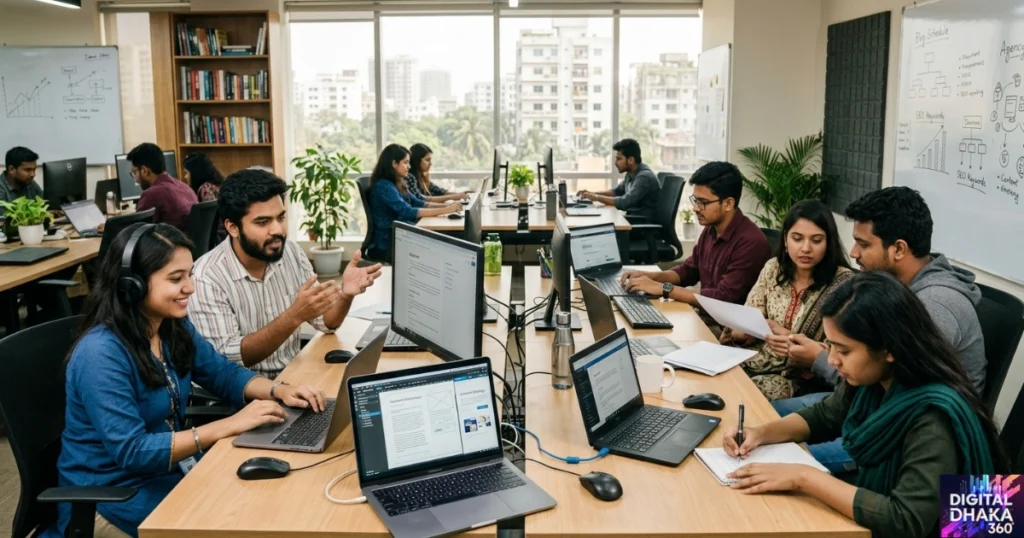 A Digital Dhaka 360 image, featuring young Bangladeshi male and female professionals working in the office.