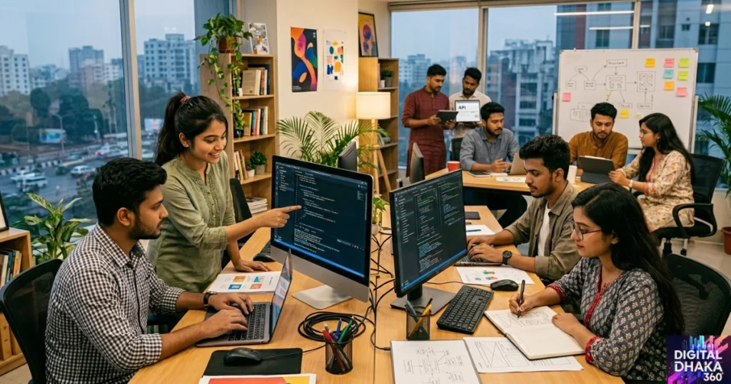 A Digital Dhaka 360 image features a workspace with a team working on website development on laptops.