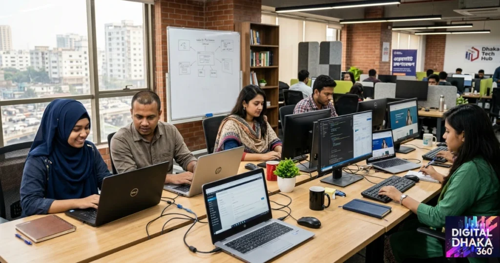A Digital Dhaka 360 image, featuring young professionals working in the office.