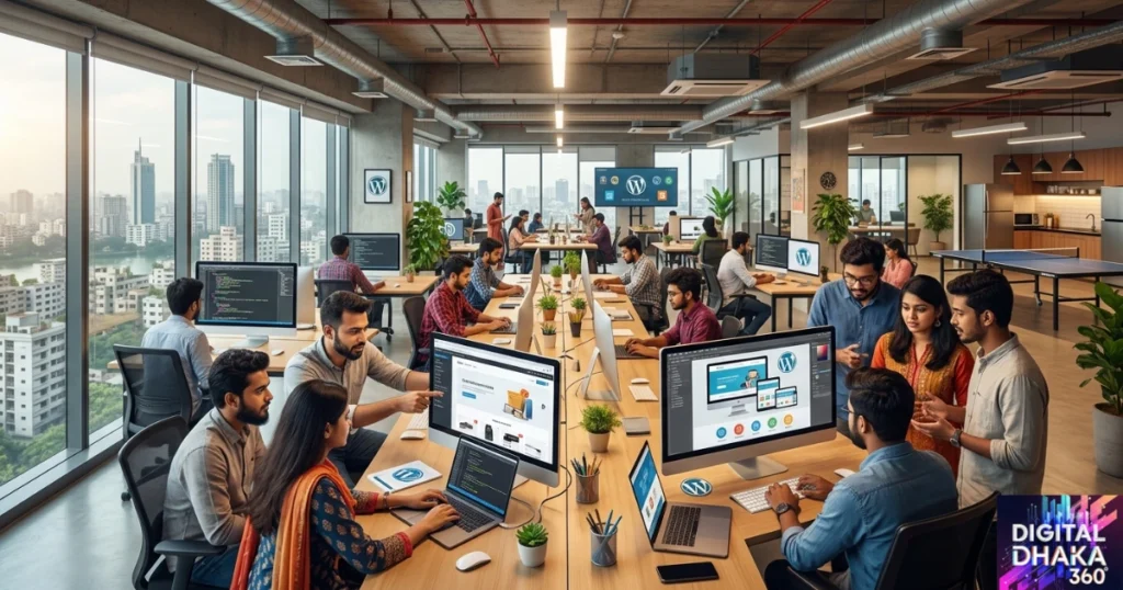 A Digital Dhaka 360 image, featuring young professionals working in the office.