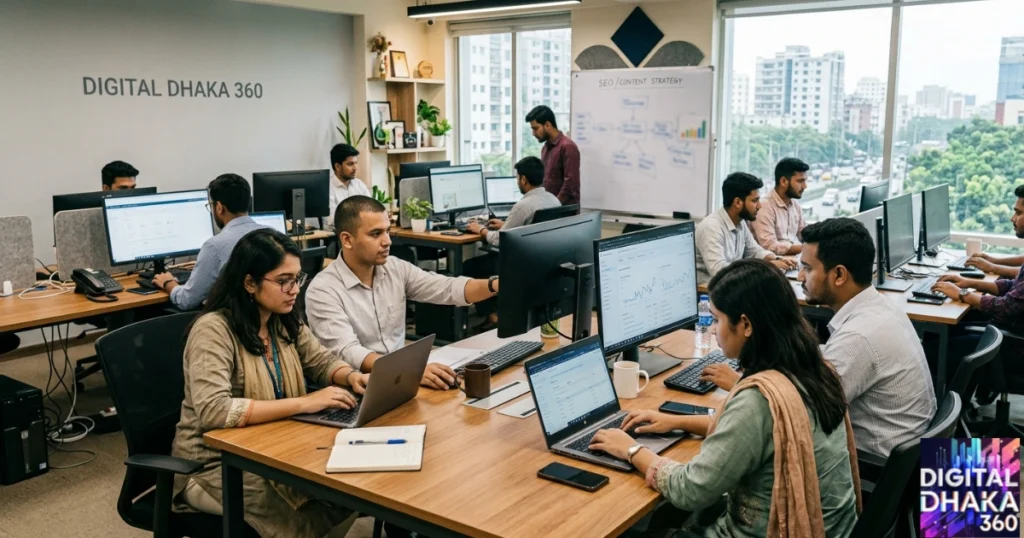 A Digital Dhaka 360 image featuring a team working on SEO and content marketing projects on computers.