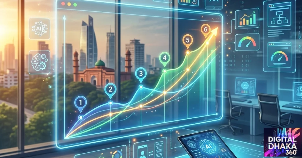 A Digital Dhaka 360 image featuring a holographic data visualization of growth trends and AI-integrated analytics.
