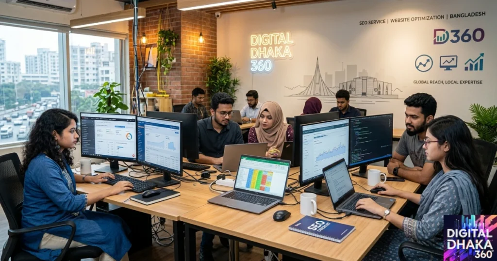 A Digital Dhaka 360 image featuring professionals working on website SEO in the office.