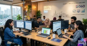 A Digital Dhaka 360 image featuring professionals working on website SEO in the office.