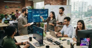 A Digital Dhaka 360 image featuring professionals analyzing SEO performance data on computer monitors and a whiteboard.