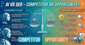 A Digital Dhaka 360 infographic comparing "AI vs SEO: Competitor or Opportunity?"