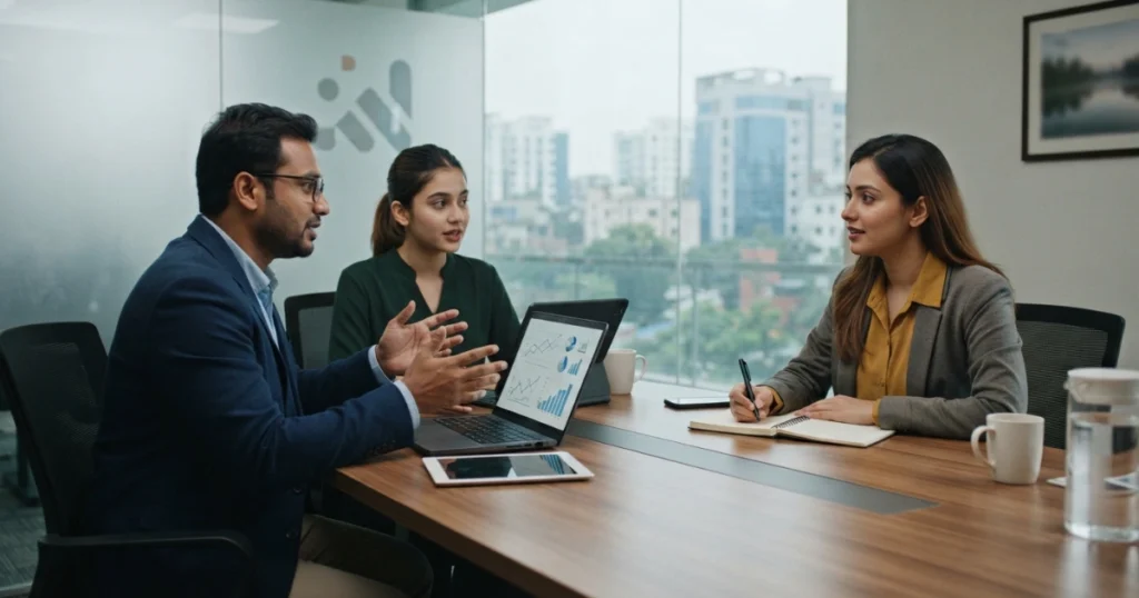 A Digital Dhaka 360 image featuring an office scene where professionals and a client discuss SEO pricing.