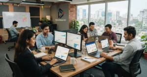 A Digital Dhaka 360 image featuring an office scene where professionals are working on laptops with SEO.