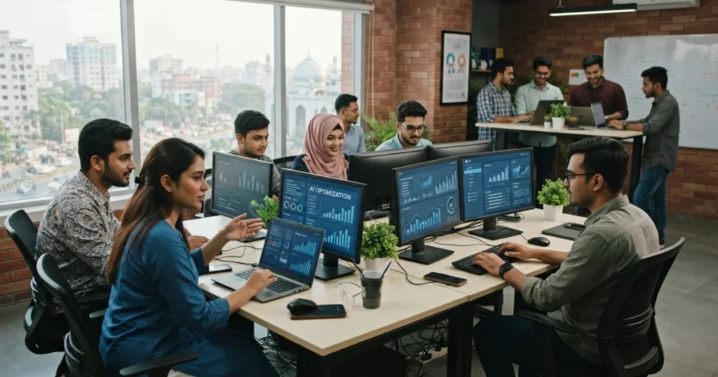A Digital Dhaka 360 image featuring young male and female professionals working together in an office.