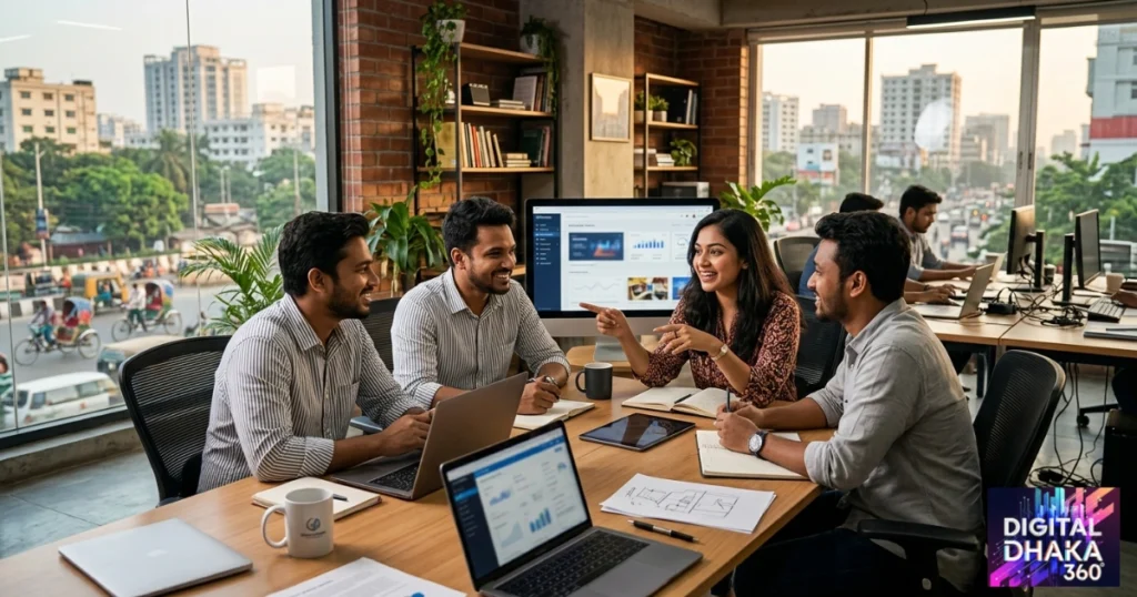 A group of professionals in the Digital Dhaka 360 office is discussing at a wooden table with laptops.