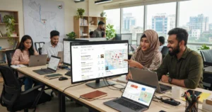 A Digital Dhaka 360 image featuring A team of marketing professionals working in a Dhaka office on local SEO.