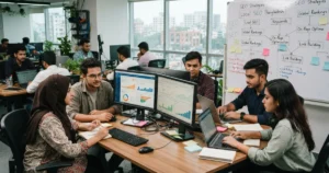 A Digital Dhaka 360 image featuring an office scene where young males and females are working on SEO.