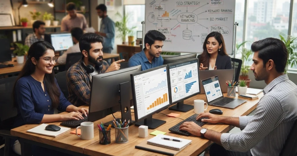 A Digital Dhaka 360 image featuring an office scene where professionals are discussing SEO.