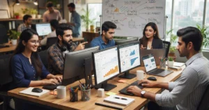 A Digital Dhaka 360 image featuring an office scene where professionals are discussing SEO.