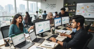 A Digital Dhaka 360 image featuring young male and female professionals in an office, analyzing SEO.